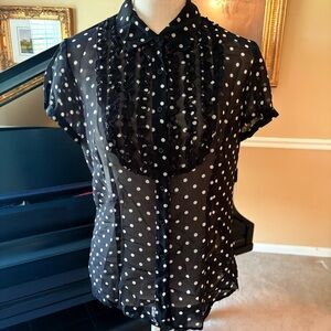 Style & Co. Black Sheer Polka Dot Ruffle Front Blouse